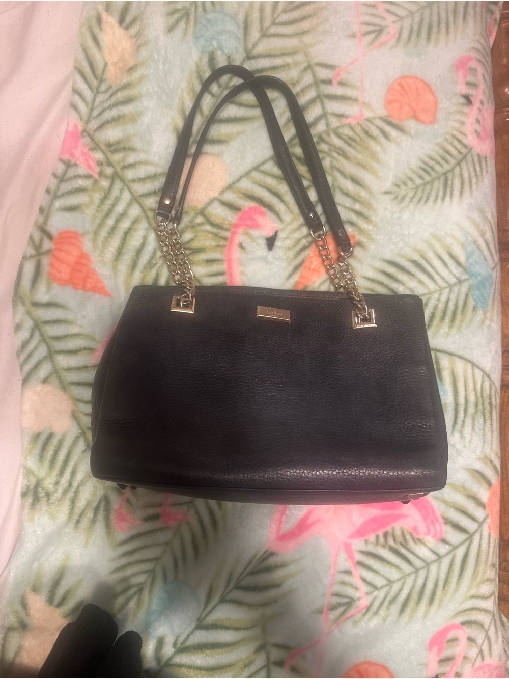 Kate Spade New York Black Pebbled Leather Tote Shoulder Bag Gold Chain Straps